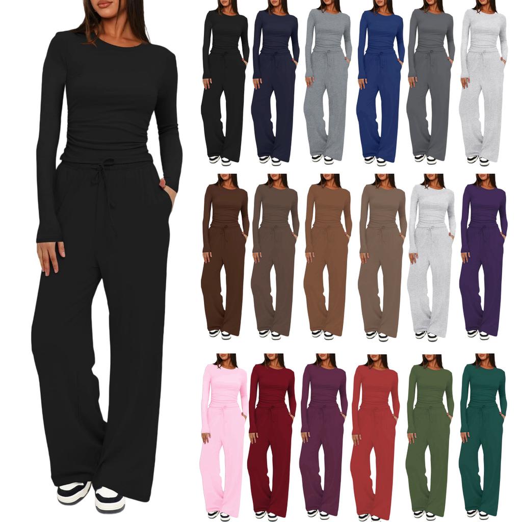 Solid Color Casual Long Sleeve Set Top High Waisted Wide Leg Pants Sportswear