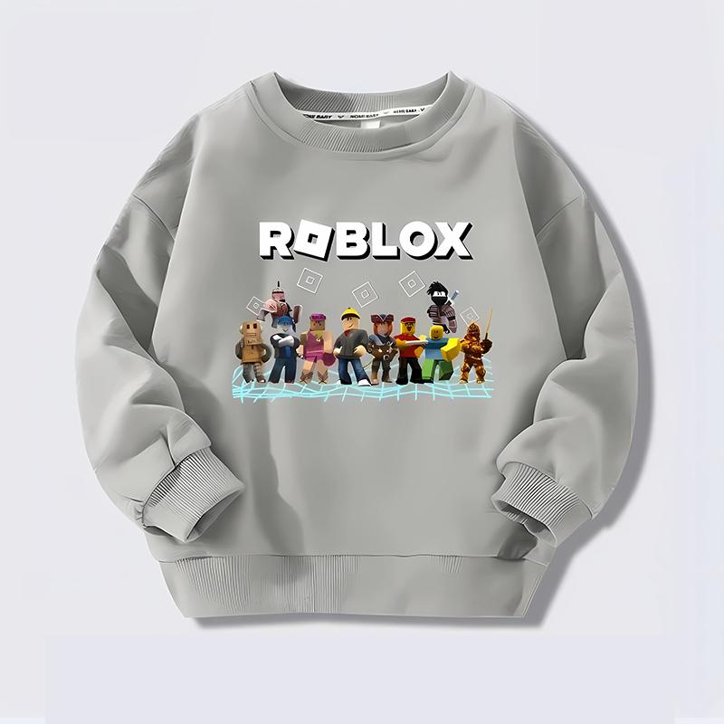 Свитшот Roblox Принт Большие Дети Осень Большой Мальчик Большая Девочка Круглый Вырез Однотонный Свитер для Игр в Песочнице для Мальчиков Без Капюшона Повседневная Уличная Одежда 120 gray