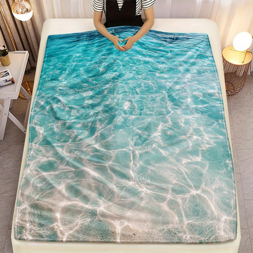 1pc Tropical Ocean Waves Throw Blanket - Turquoise & Sandy Beach Design, Lightweight Flannel All-Season Soft Warm Blanket for Co