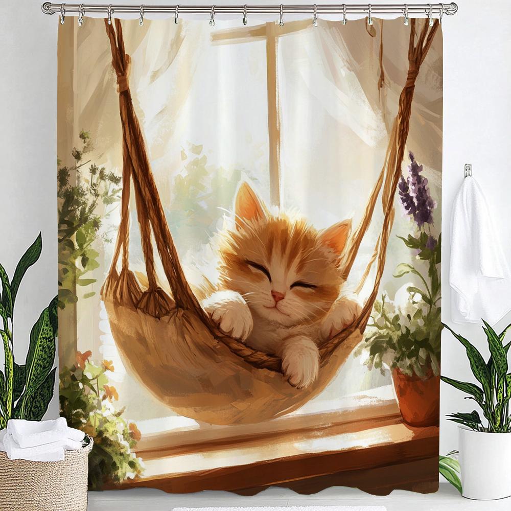 Cartoon Niedliche Katze für Badezimmer Duschvorhang, Dekorativer Duschvorhang, Bedruckter Stoff Vorhang für Zuhause Mit Haken