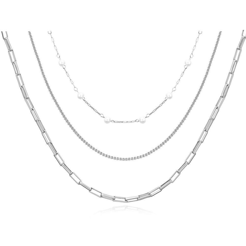 18K Gold Triple-Layer Chain Necklace with Pearl Accent - Stylish Stainless Steel Design for Women