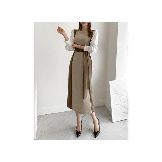 Lily of Valley Lily of Valley Different Materials Docking Knit Dress Long Sleeve Bicolor Pretty Casual Elegant Neat (BR)