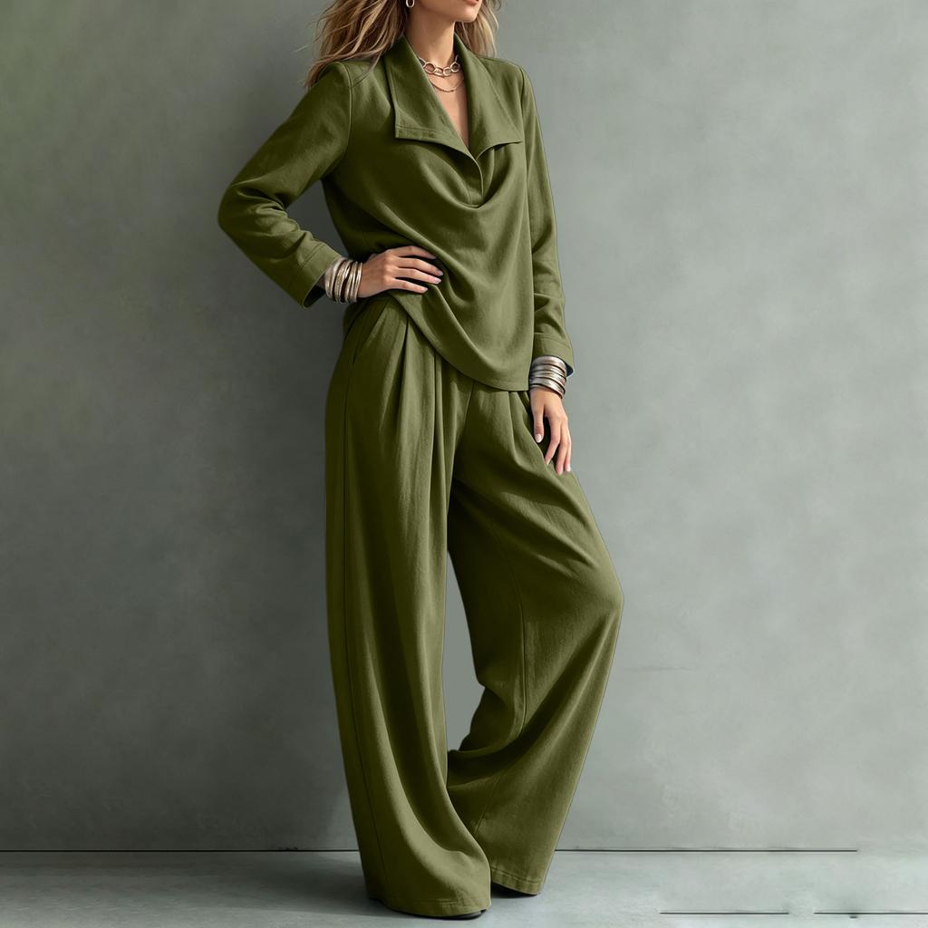 Women's Color Casual Two Piece Set with Collar Sweatshirt and Pants with Pockets