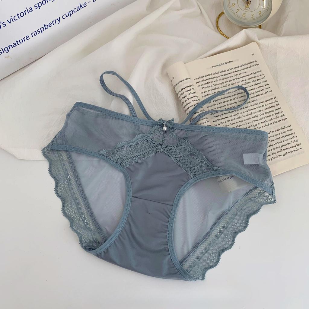 Ladies Spring and Autumn Sexy Lace Cross Strap Breathable Mesh Cotton Crotch Panties