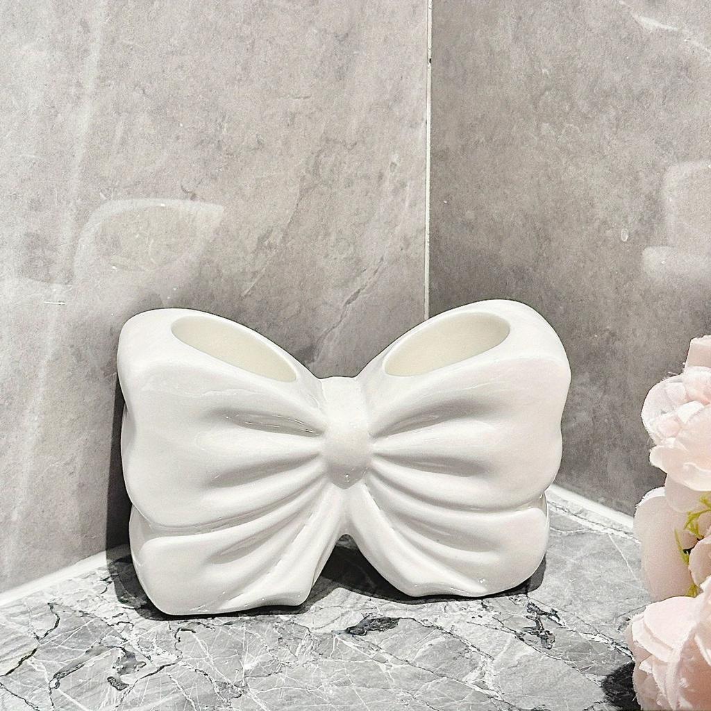 Charming Bow Ceramic Toothbrush Holder - Portable, Drill-free Bathroom Storage for Toothbrushes and Toothpaste