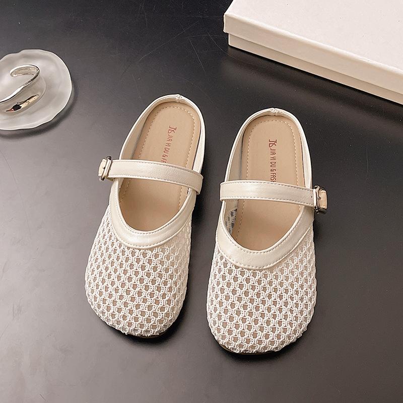 Mesh Bag Head Dragging Hole Shoes Mary Jane Half Slippers Women's Outer Wear Hollow Woven Fishing Net Shoes Non-slip Flat Sandals