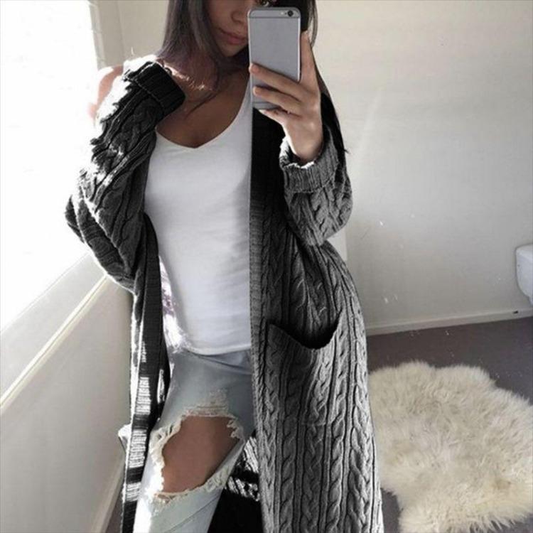

Long Cardigan Sweater Coat Casual Women Fashion Sleeve Pockets Knitted S шифер серый
