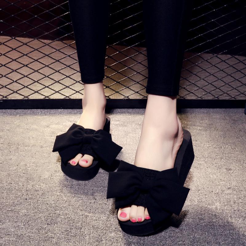 Bowknot Slippers Women Fashion Summer High Heels Thick Sole Anti Slip Slope Heel Outdoor Beach Cool Slippers Sandals Women