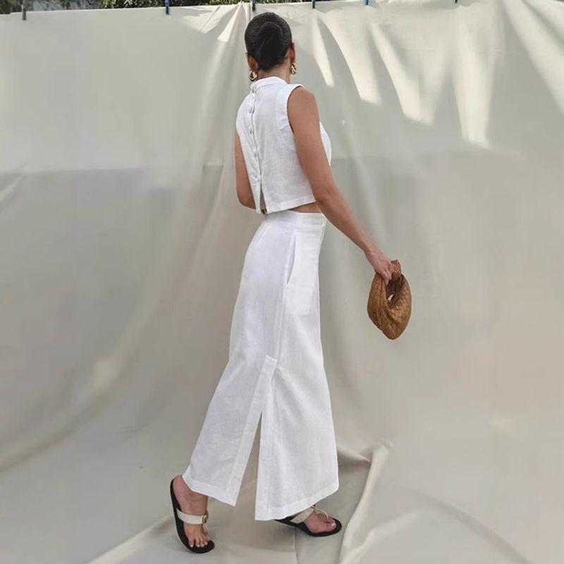 Spring and Summer New White Sleeveless Stand Collar Top Slit Loose Long dress Two-piece Set Simple Commuting Set Women