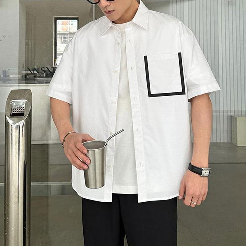 

Japan Style Short Sleeve Shirts Men s Clothing Single-breasted Summer Turn-down Collar Casual Loose Basic Fashion Spliced Shirts L білий