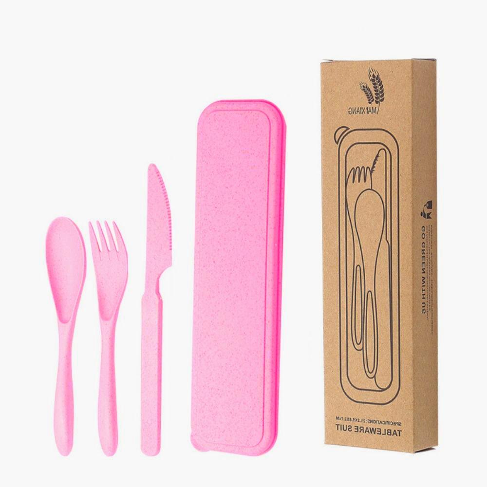 With Case Travel Utensils Wheat Straw Camping Spoon Fork Portable Camping Utensil Set  Tableware