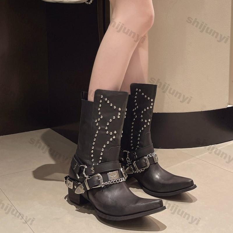 Fashion Women Chunky Mid-heel Boots Ladies Autumn Buckle Women Platform Knee High Boots Punk Street Fashion Rivet Western Cowboy Boots