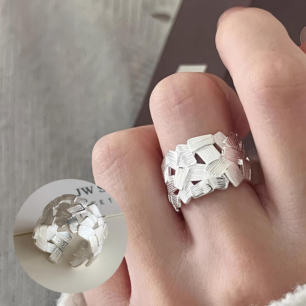 PANJBJ 925 Silver Frosting Geometry Ring for Women Wide Texture Versatile Handmade Ins Jewelry Gift