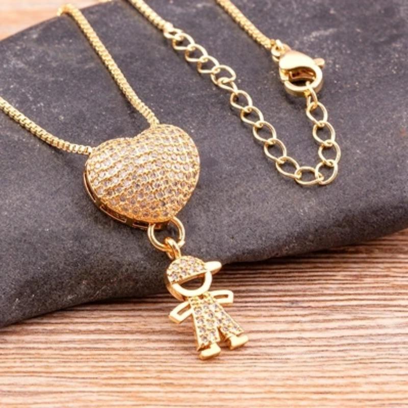 Nidin Fashion Son Daughter Heart Gold Color Family Girl Boy Pendant Necklace Jewelry For Mother Gift