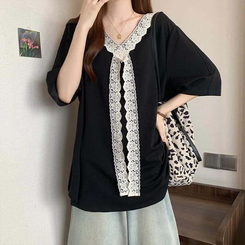 Women s Grey V Neck Black Lace Patchwork Loose Mid Length Short Sleeve Tunic Top M чёрный
