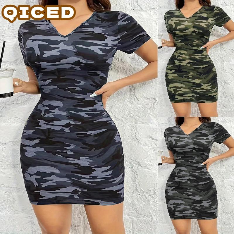 QICED Fashion Summer Spring Short Sleeve V-Neck Casual Dresses Unique Design