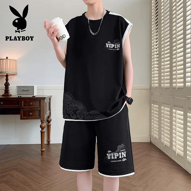PLAYBOY Men s Ice Silk Sleeveless Sports Vest Shorts Set 6XL