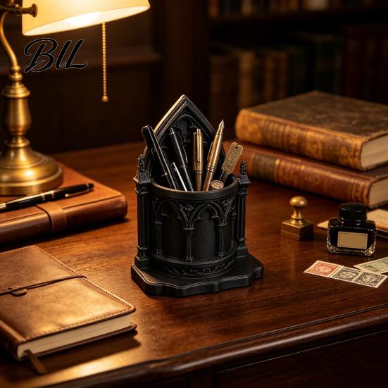 Vintage Style Desk Accessories 3D Printed Gothic Cathedral Pen Holder, Academia Church Decorative Makeup Brush Cup Castle Pencil Cup, Large