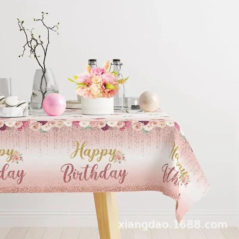 Rose Gold Birthday Tablecloth Pink Rose Flower Gold Happy Birthday Table Cover Happy Girls Princess Birthday Party Supplies