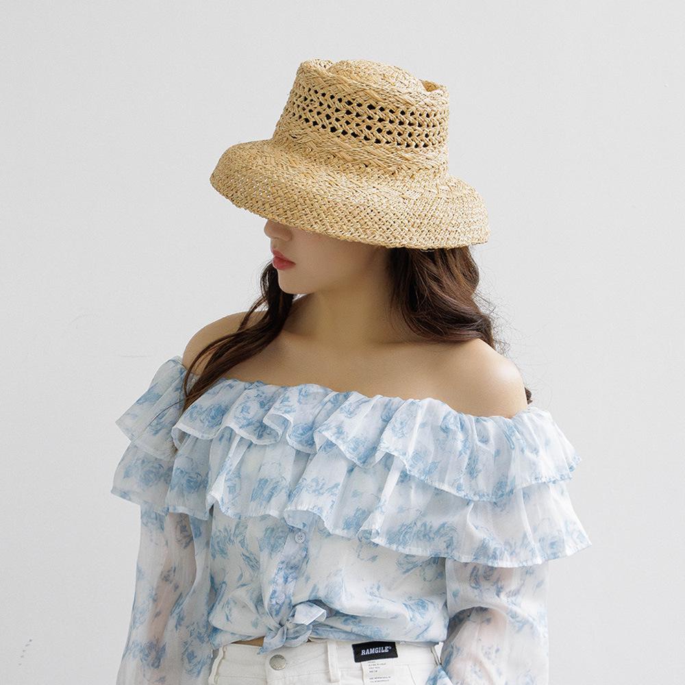 European and American Spring and Summer New Hollowed-out Hand-woven Raffia Round Top Wide-brimmed Straw Hat Outdoor Beach Sun Protection Visor Tide