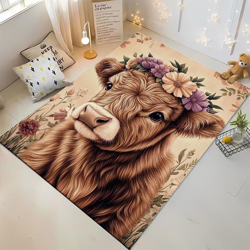 Cow Portrait with Flower Crown Rug – Non-slip rug suitable for living room and bedroom sofas.