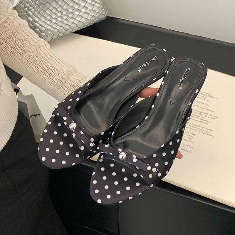 Fashion Fashion Metal Women Low Heel Slippers Slides Female Round Toe Footwear Butterfly-Knot Ladies Heeled Slippers Sandals Shoes Pumps