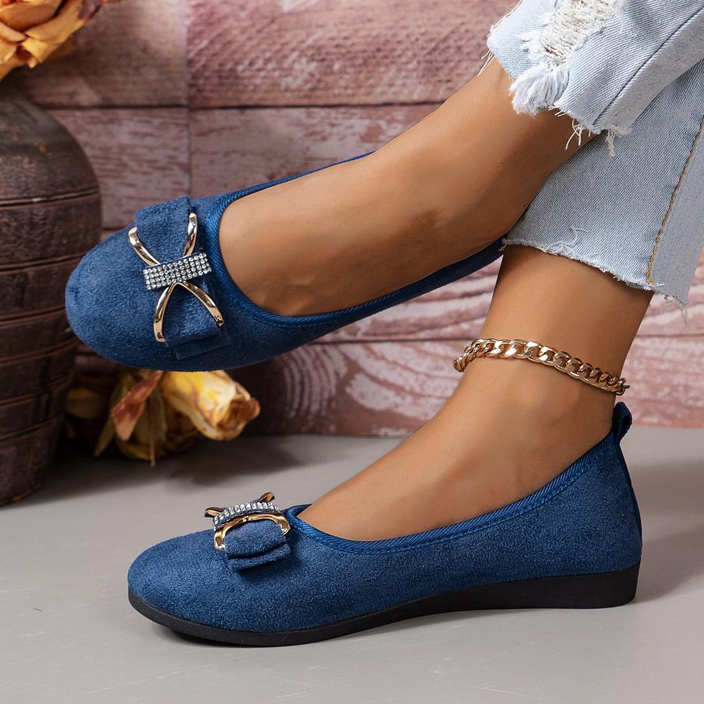 Large size flat single shoes women's new bow wedge heel low heel women's single shoes round head women's work shoes leather shoes