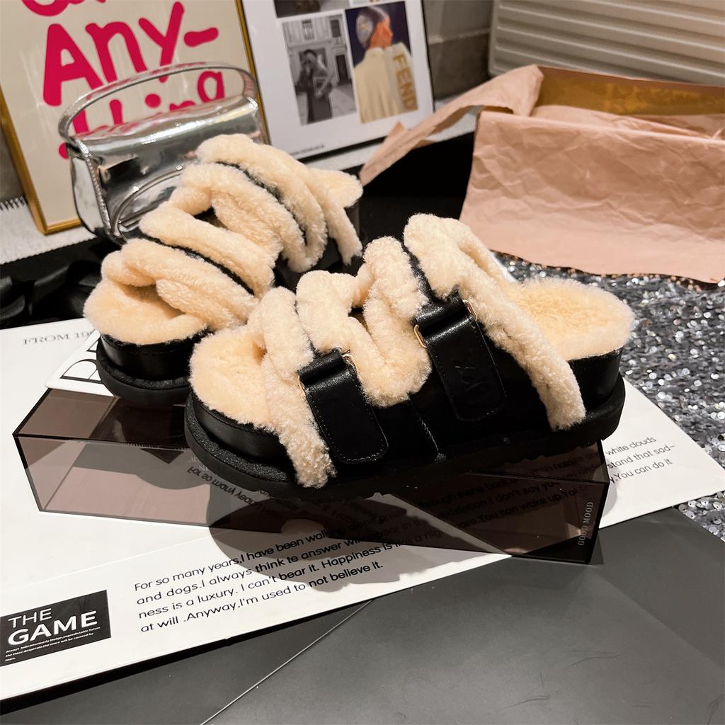 Women's Platform Plush Shoes Winter New Height Increase Outdoor Non Slip One Word Slippers Thicken Warm Comfort Cotton Slippers