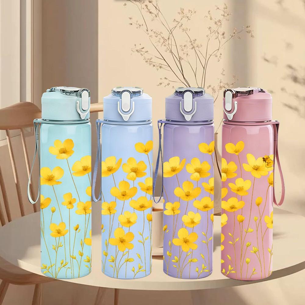 1PC Yellow Wildflower Bouquet Print 750ml Color Plastic Sports Water Bottle Leakproof Flip Straw Lid Suitable for Sports Office Home Use