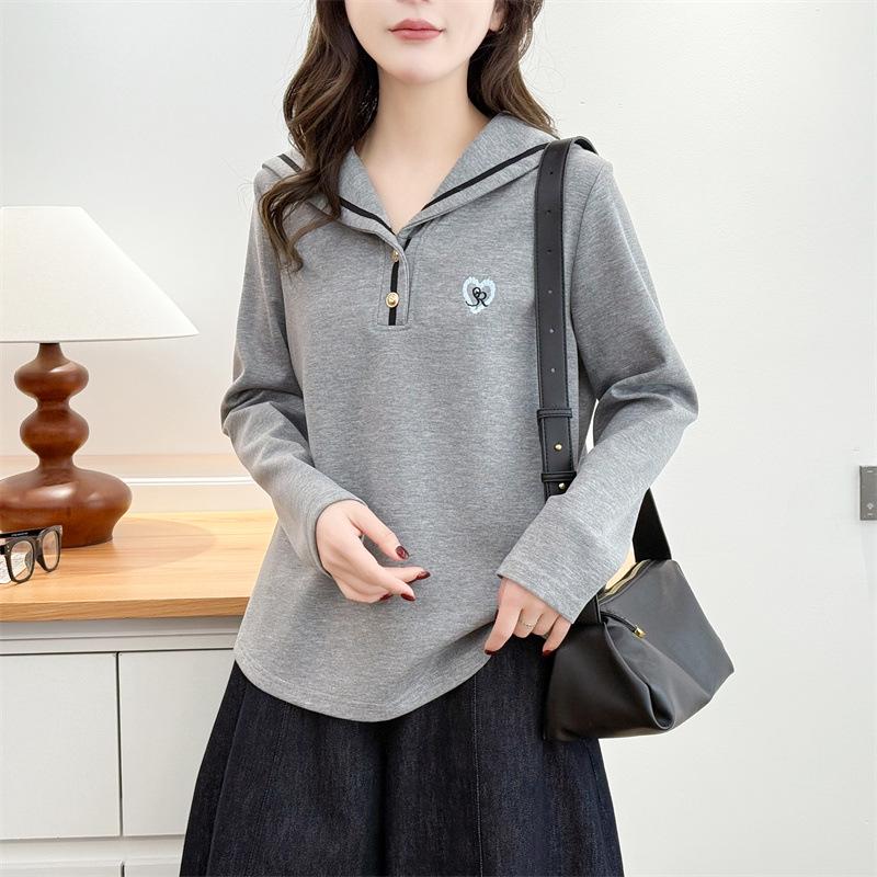 2026 Spring Plus Size Women's Sailor Collar Embroidered Hoodie - Long Sleeve, Casual Fashion for Chubby Girls
