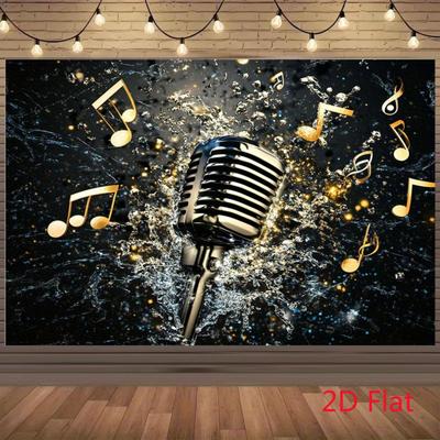 1pc 2D Flat Party Banner1pc Vintage Microphone Backdrop With Golden Music Notes Lights No Power Required Made with Durable Polyester Made