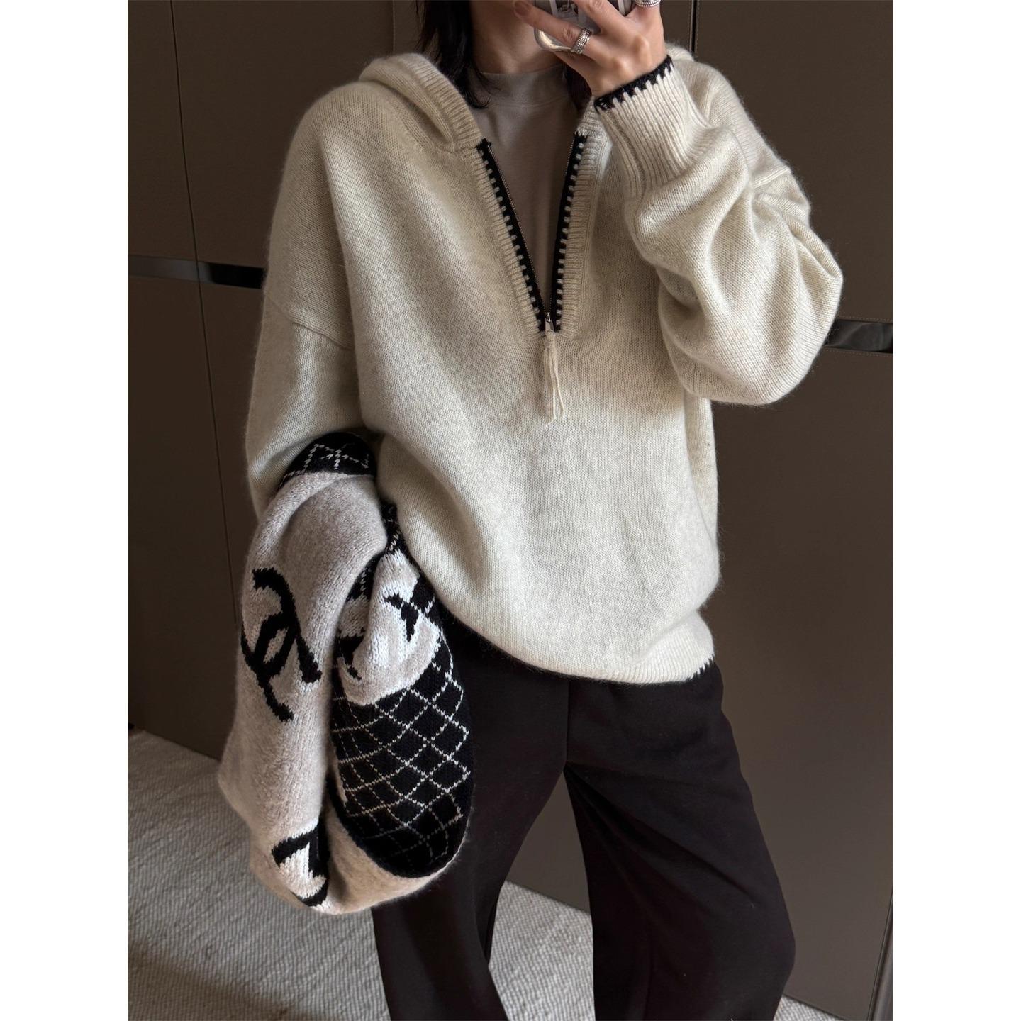 Унисекс шерстяной вязаный худи большого размера - Новый осенне-зимний свободный пуловер Extra Large абрикосовый