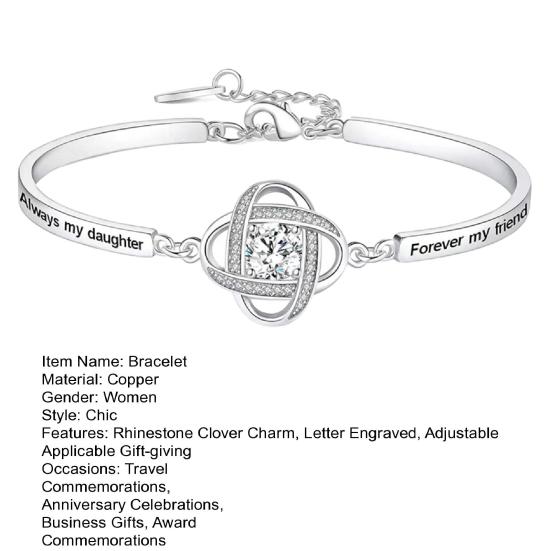 Women Bracelet Rhinestone Clover Charm Letter Engraved Polished Copper Gift for Daughter Adjustable Length Lobster Clip