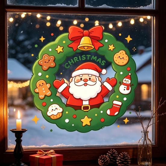 Winter Wreath Decorations Christmas Santa Claus Window Cling, Cartoon Static Sticker, PVC Party Decor Waterproof Glass Decal for Home Holiday