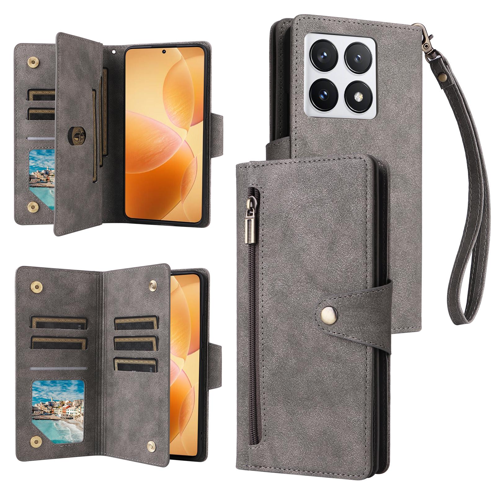 For Xiaomi 14T Pro Case Zipper Wallet Leather Stand Phone Cover Rivet Decor C