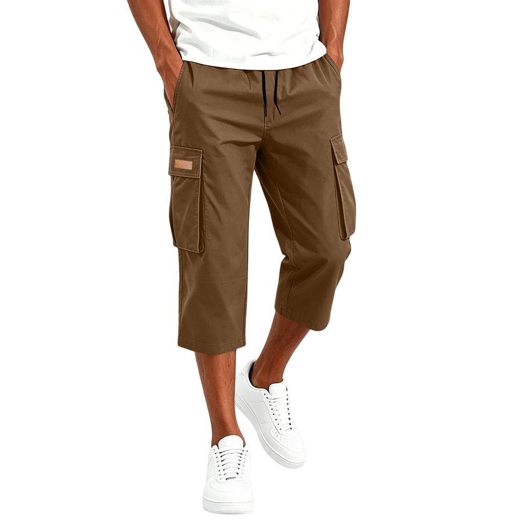 Men's Cargo Drawstring Pants Casual Multi Pocket Capri Work Trousers Lightweight Breathable Outdoor Utility Pants for Daily Wear