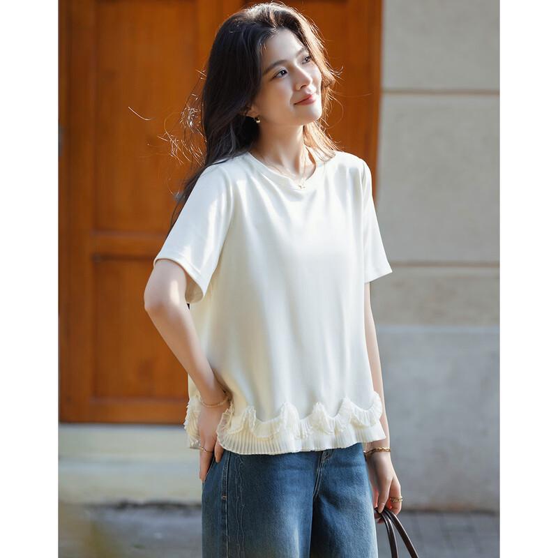 Women's Washed Air Layer Lace-Spliced Short Sleeve T-Shirt