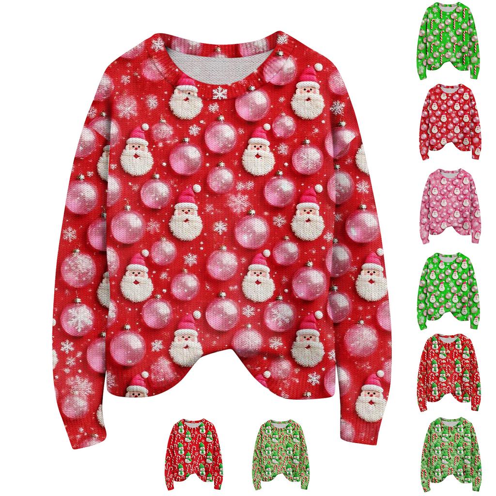 Women's Christmas Print Cardigan Long Sleeve Round Neck Knit Top