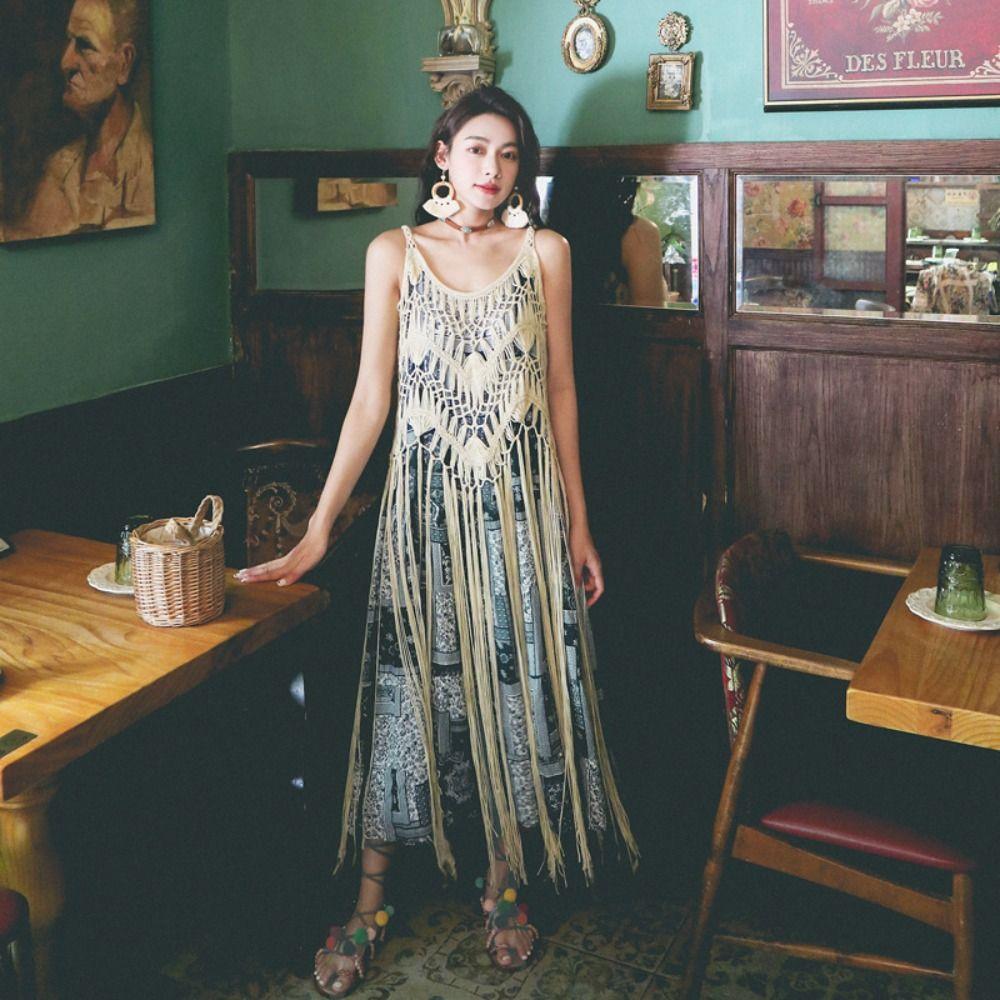 Polyester Fibre Beach Dress Bohemian Style Tassel Vest Elegant Knit Gown Beach Vacation