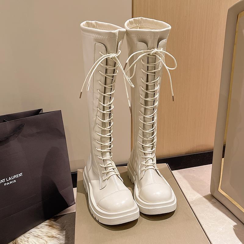 

Lace-up year new but knee boots thick-legged knight boots thick-soled white autumn and winter thin boots women s fashion 39