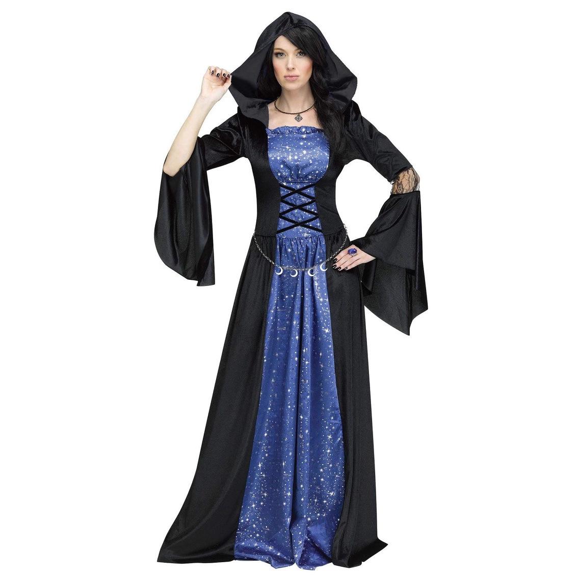 

Хэллоуин европейский костюм знати взрослый вампир ведьма платье с рукавами-рожками с принтом звезд XL