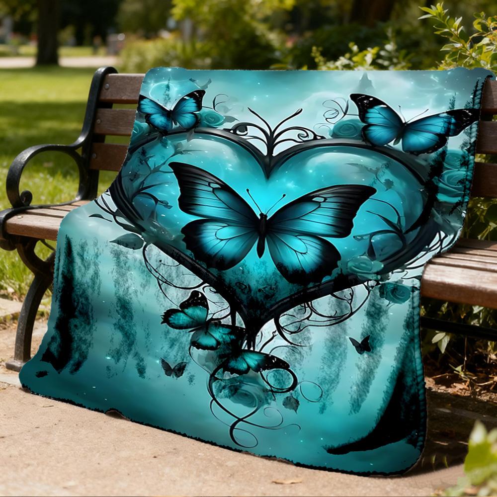 1pc Butterfly Heart Print Outdoor Flannel Blanket Soft All Season Polyester Throw , Perfect for Picnics & Travel , Picnic Accessory
