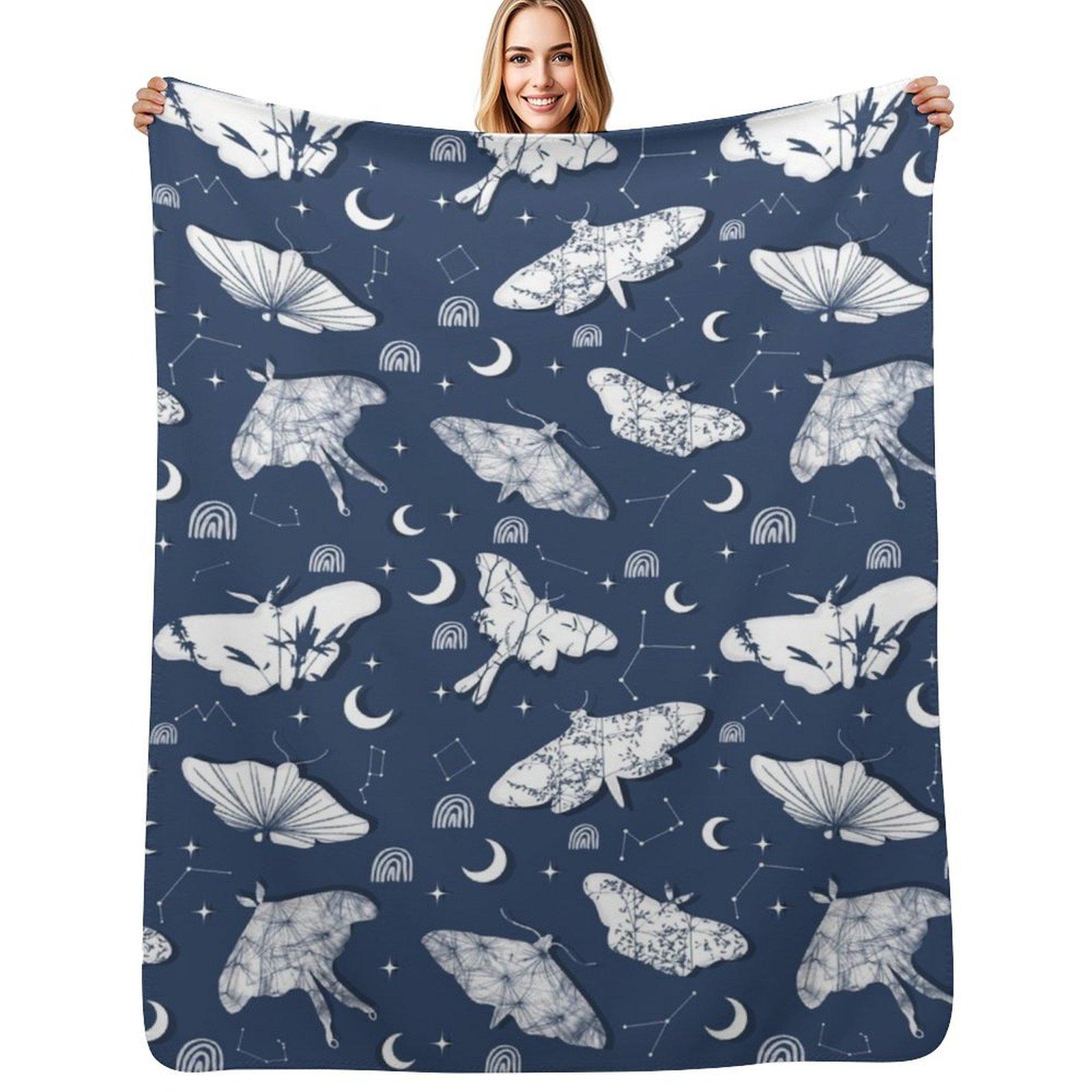 Dreamy Shibori Floral Butterflies Constellations and Stars Navy Throw Blanket Color Fast Cozy Throw Blanket Size: 75*100cm, Weight: 230 GSM