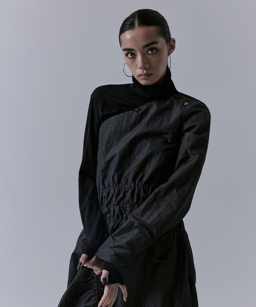 Teulimingbeodeu One-Shoulder Oblique Shirring One-Piece [ Charcoal ]