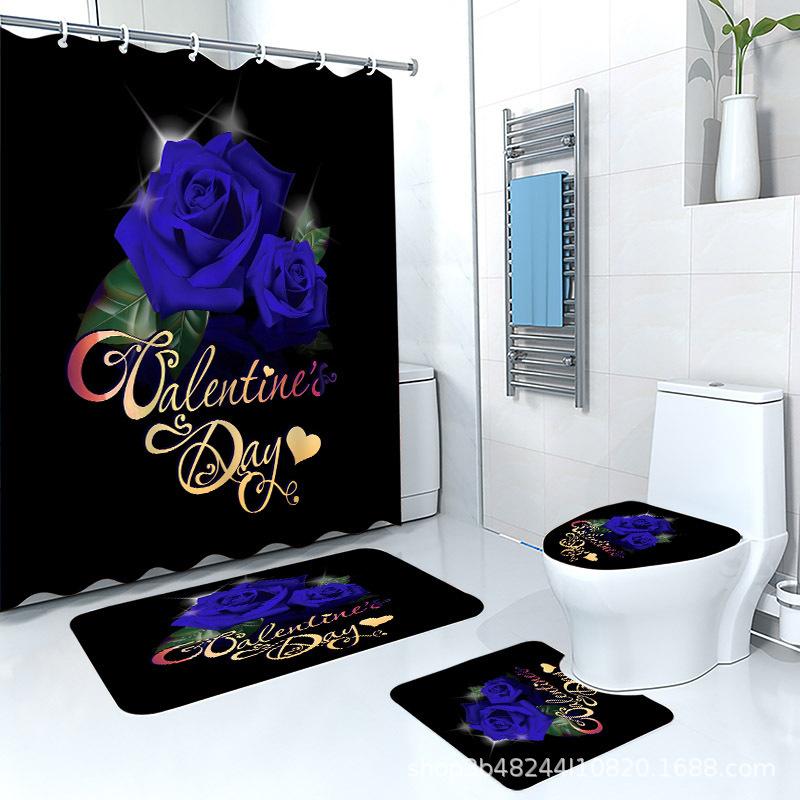 Direct Supply Digital Printing Rose Letter Bathroom Curtains Non-Slip Floor Mat Bathroom Four-Piece Combination Polyester