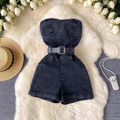 Trendiger High-Waist Jeans-Jumpsuit für Petite mit Strasssteinen