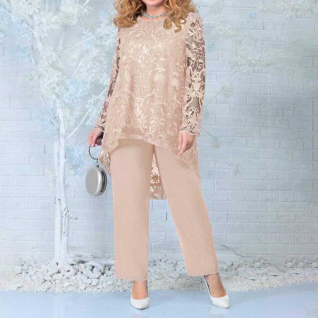 Women's Fashion Casual Lace Split Long Sleeve Pants Solid Color Leggings Set