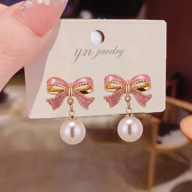 Trendy Black Red Bow Knot Drop Earrings for Women Enamel Oil Metal Imitation Pearl Dangle Earrings Wedding Party Sweet Jewelry