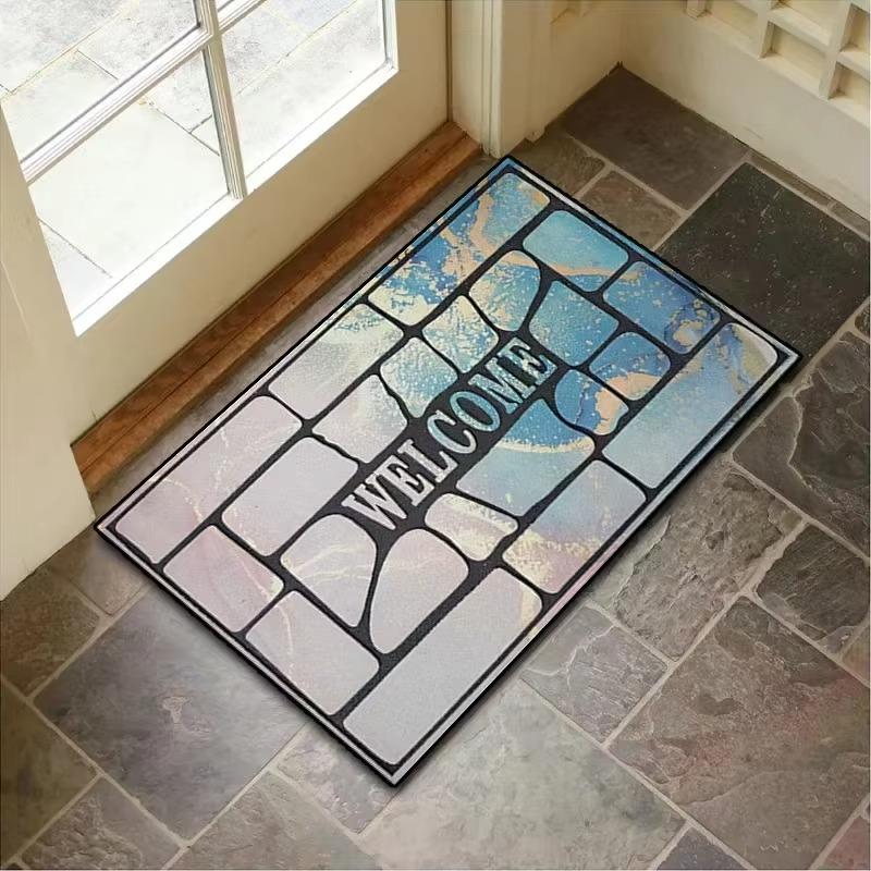 Welcome Theme Door Mat With Retro Natural Wood Stone Woven Geometric Patterns Soft Decorative Entryway Rug For Front Door Decor