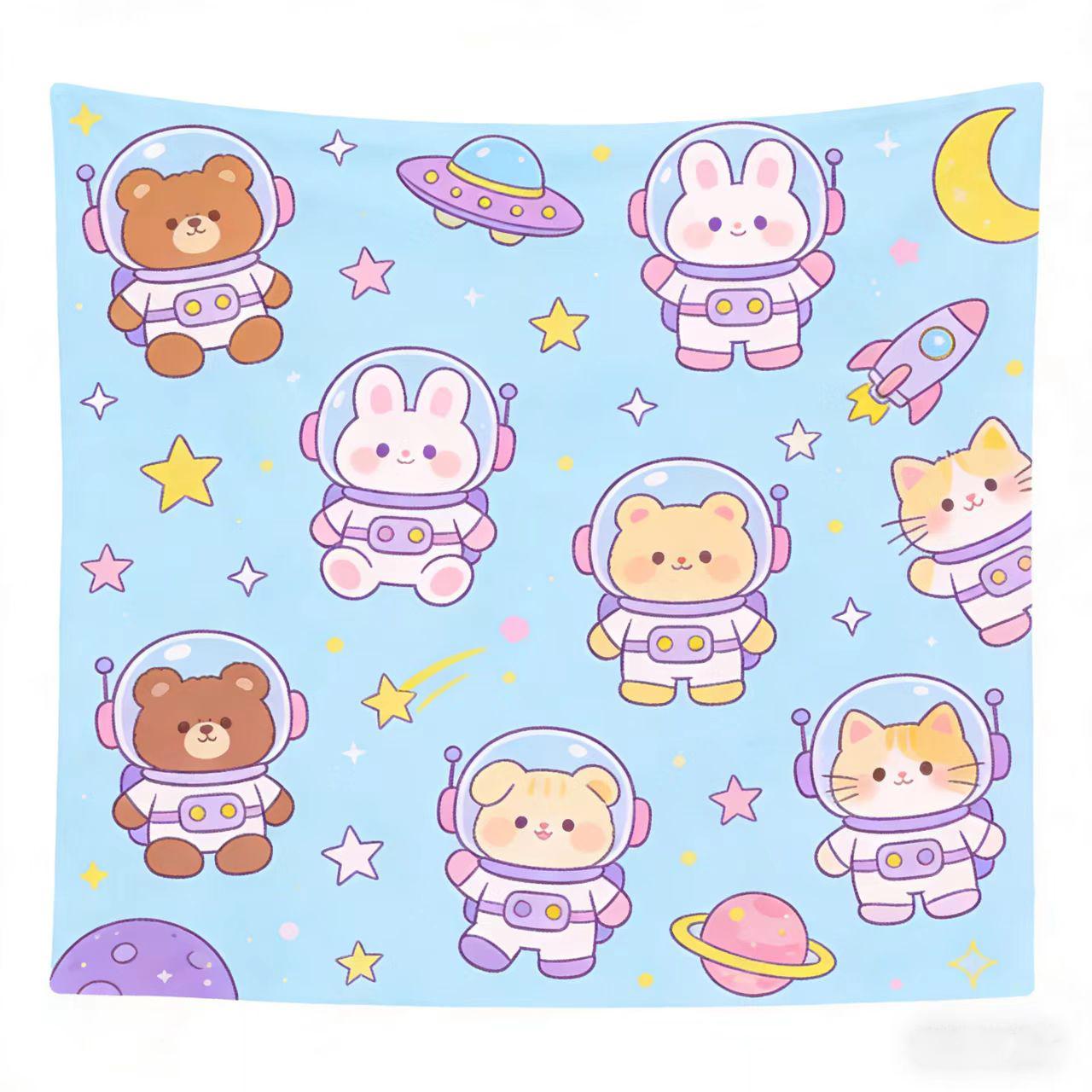 Kawaii Astronaut Bear Bunny Cat Tapestry Cute Space Galaxy Wall Hanging Aesthetic Room Decor for Girls Boys 74x94cm(29x37in)